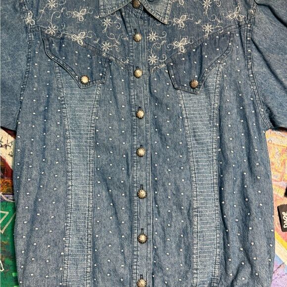 Vintage 80s Marsha Sport Embellished Denim Jacket w Shoulder Pads - Size Small - Picture 3 of 12